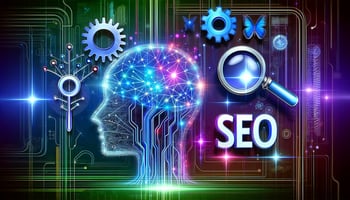 A visual that represents the fusion of artificial intelligence and SEO, with a modern and high-tech feel